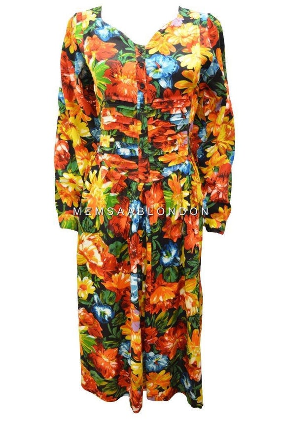 Boho hippie vibrant vintage buttoned long sleeve floral side tie maxi dress freesize 8-12
