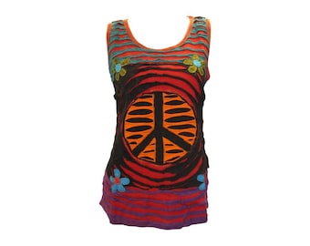 May include: A sleeveless tank top with a peace sign design in orange, black, and white. The top has a striped pattern in red, orange, blue, and purple. The peace sign is surrounded by a swirl pattern in black and red. The top is decorated with small embroidered flowers in blue, green, and yellow.