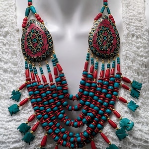 Statement Retro Tiered Elephant Charm Multi Bead Chunky Necklace Red And Turquoise
