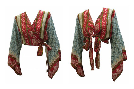 Recycled Retro Crop Top Bell Sleeves Boho Front Knot Wrap Blouse Free Size Up to 16 P33