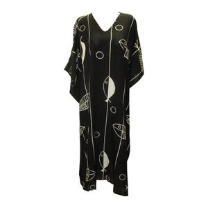 Womens Plus Size Kaftan Handmade Fish Print Maxi Boho Batwing Loungewear Free Size Up To 28