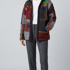 Handmade 100% Wool Chunky Knit Patchwork Unisex Cardigan Jacket Boho Fleece Lining warm Hoodie