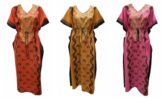 100% Cotton Kaftan Boho Abstract Print Batwing Sleeve Hippie Loungewear Free Size Up To 18