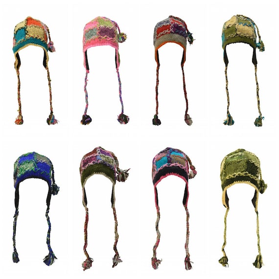 Handmade knit 100% wool unisex adults bobble short tassel Stitched boho hippie warm fleece lined winter hat P1-P8