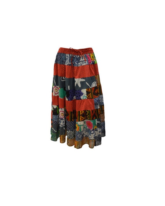 Upcycled Rockabilly Skirt Full Floral tier Patchwork Polka dot Skirt Red Free Size up to 18