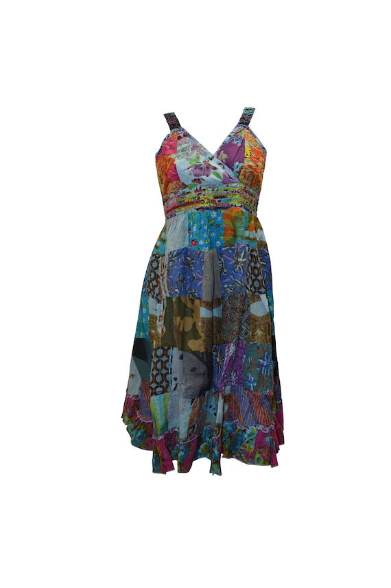 100% Cotton boho hippie vintage style v-neck lagenlook floral short dress p58