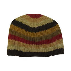 May include: A striped knit beanie hat in shades of brown, beige, red, and black.