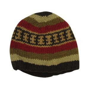 May include: A brown, beige, and red striped knit beanie with a black and brown geometric pattern.
