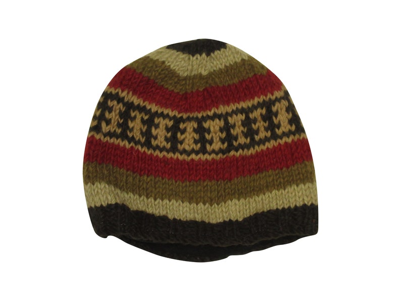 May include: A brown, beige, and red striped knit beanie with a black and brown geometric pattern.