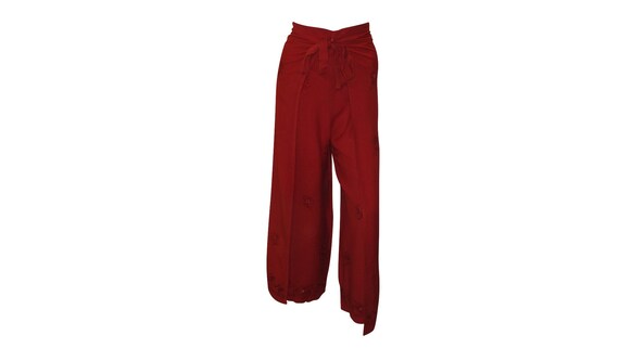 Ladies Boho Pants Embroidery Wrap Around Overlay Wide Leg Trousers Free Size Red