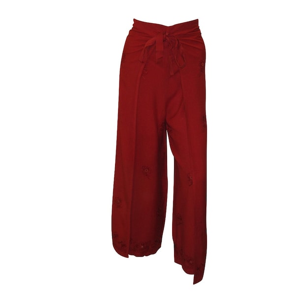Ladies Boho Pants Embroidery Wrap Around Overlay Wide Leg Trousers Free Size Red