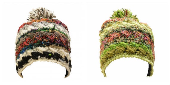 Handmade knit Wool Crochet Beanie Pompom Hat Warm Winter Fleece lined Skull Cap