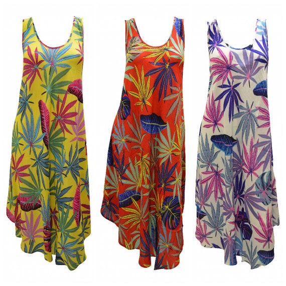 Womens Swing Dress Plant Print High- Low Umbrella Pocket Shift Free Size Up to 18