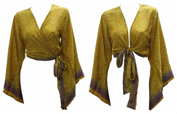 Recycled Retro Crop Top Bell Sleeves Boho Front Knot Wrap Blouse Free Size Up to 16 P36