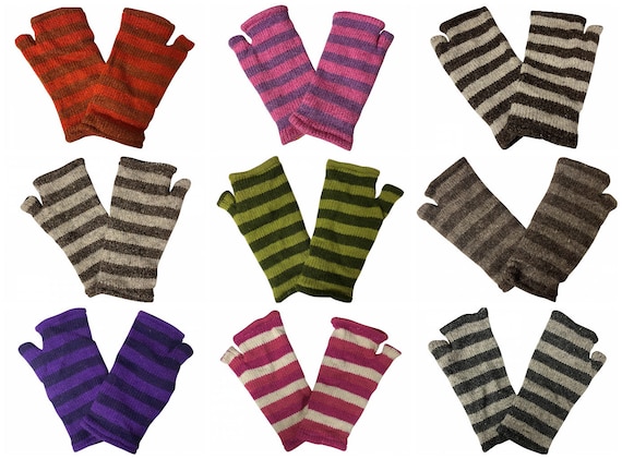 Handmade Knit Handwarmers 100% Wool Winter Striped Fingerless Fleece Lined Gloves One Size P30- P39