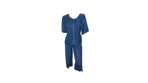Boho Embroidered Co-ord Set Wrap Around Capri Pants Retro Button up Blouse Shirt Denim