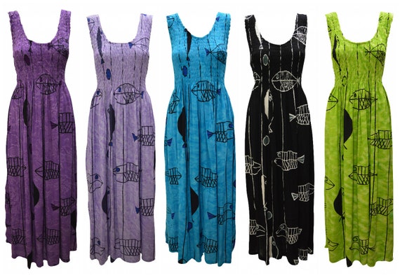 Womens Ladies Handmade Maxi Boho Fish Abstract Print Gypsy Elasticated Sleeveless Dress Free Size Up To 22 P6- P10