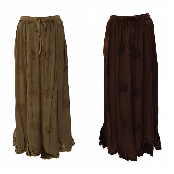 Womens Ladies Boho Floral Tone To Tone Embroidery Velvet Patchwork Scalloped Gypsy Skirt Free size Up To 18