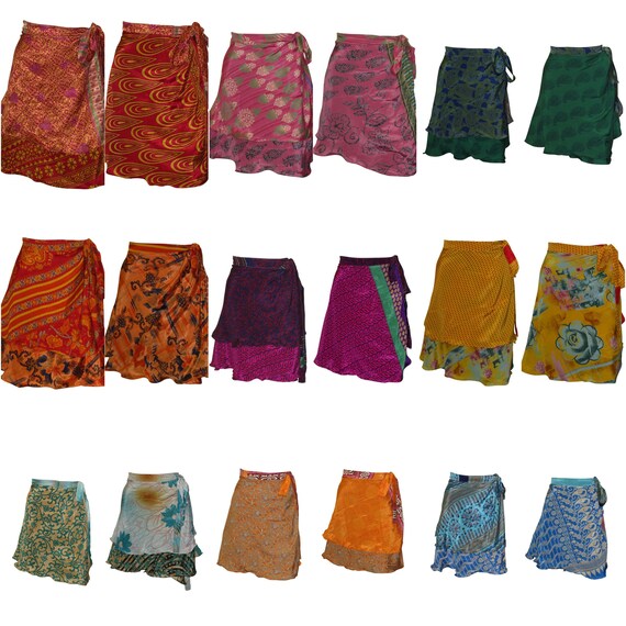 Upcycled Retro Reversible Skirt Boho Vintage Sari Layered Knot Miniskirt Free Size Up To 18 P86-94