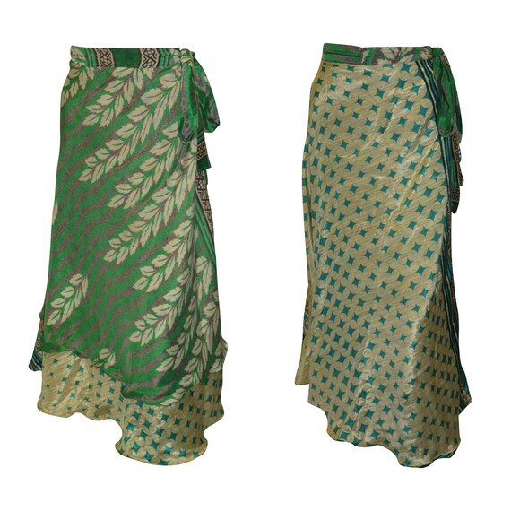 Upcycled Retro Reversible Skirt Vintage Sari A-line Layered Knot Boho Midi Free Size Up To 20 P167