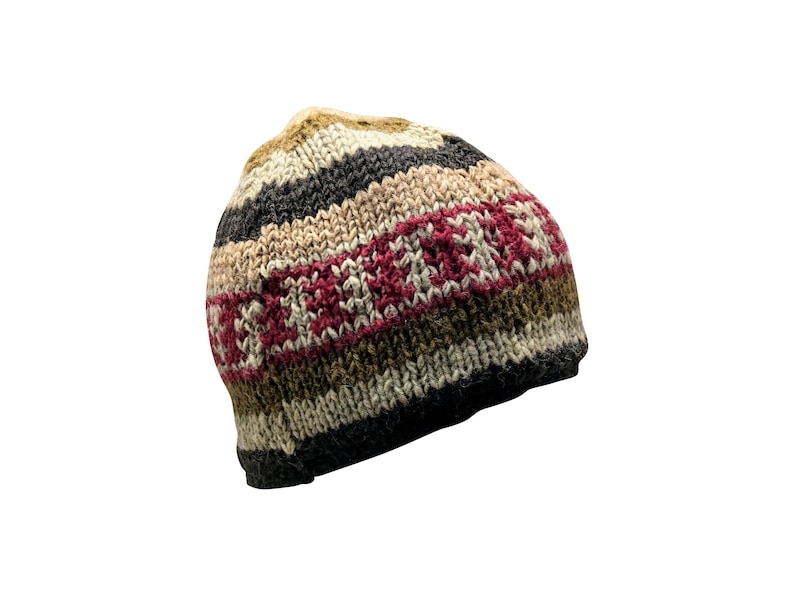 Handmade Wool Knit Beanie: Stripey Fleece Lined Winter Cap P20