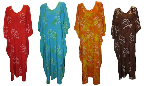 Womens Plus Size Kaftan Handmade Dolphin Print Maxi Boho Batwing Loungewear Free Size Up To 28