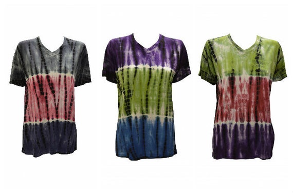 Tie- Dye Unisex T-shirt Casual V- neck Short Sleeve Festival Hippie Top Size M L XL