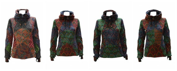 Womens Ladies Sustainable Organic Cotton Upcycled Abstract Free Bird Patchwork Hooded Zip Jacket Size M L