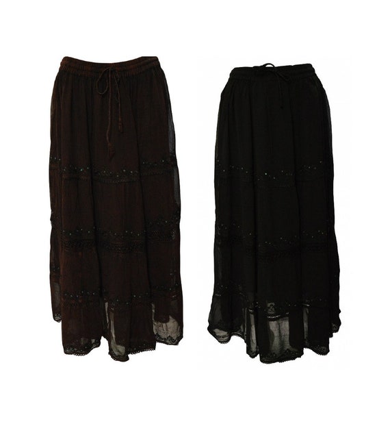 Womens Ladies Boho Floral Embroidered Lace Tiered Gypsy Sheer Maxi Sequin Skirt Freesize Up To 16