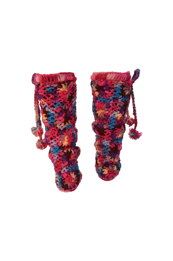 Winter Hand Knit Crochet 100% Wool Chunky Floral Tassel Leg Warmers Cosy Warm Fleece Lined Pink Multi