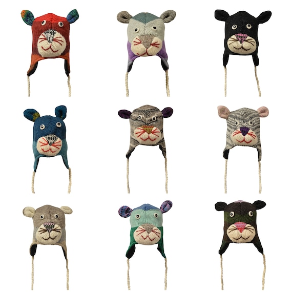 Handmade 100% wool Hats Knit Unisex Winter Tassel Animal Character Caps Warm Fleece Lining One size P67- P75