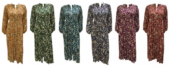 Womens Floral Tea Dress Button Up Band collar Maxi Free Size Up to 16