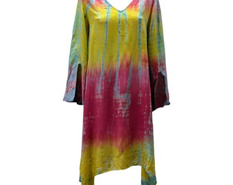 Boho Tie Dye Rayon Tunic Dress: Embroidered Handkerchief Hem