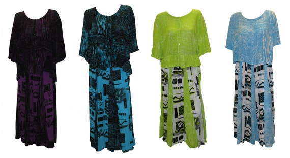 Plus Size Boho Skirt Shirt Set Abstract Print Hippie Flare Hem Maxi Free Size Up to 30