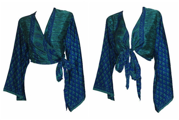 Recycled Retro Crop Top Bell Sleeves Boho Front Knot Wrap Blouse Free Size Up to 16 P39