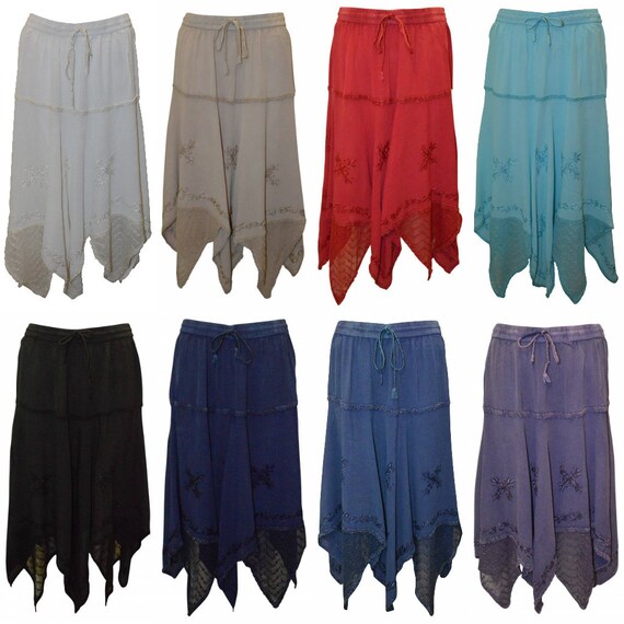 Free Size boho hippie embroidered lace handkerchief midi skirt 10-22