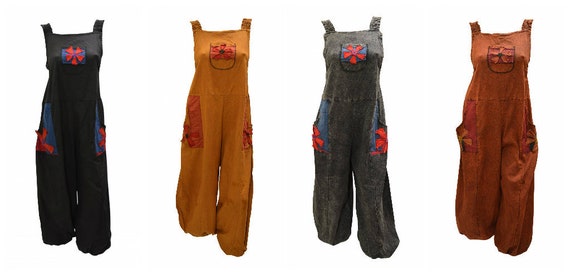 Recycled Funky Dungarees 100% Cotton Hippie Festival Patchwork Overalls Free Size Up To 16