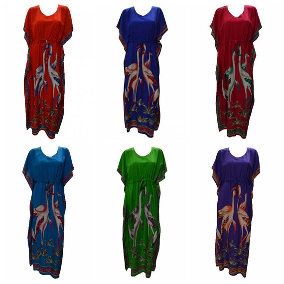 Womens Ladies Boho Loungewear Stork Family Print Batwing Sleeve Hippie Kaftan Free Size Up To 18