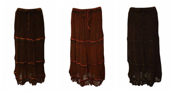 Womens Ladies Boho Lace Crinkled Tiered Stripe Gypsy Maxi Skirt Freesize Up To 16