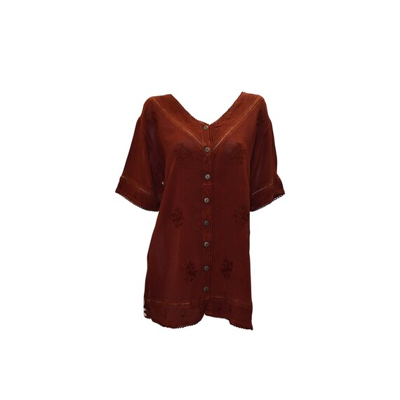 Plus size short sleeve embroidered paisley front button v-neck top freesize up to 18