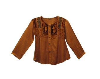 Boho Floral Embroidered Girls Blouse Velvet Panel Tie Back   Button Up Vintage Style Top Rust