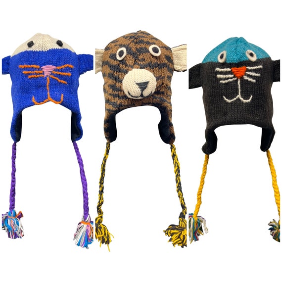 Handmade 100% wool Hats Knit Unisex Winter Tassel Animal Character Caps Warm Fleece Lining One size P212- P215