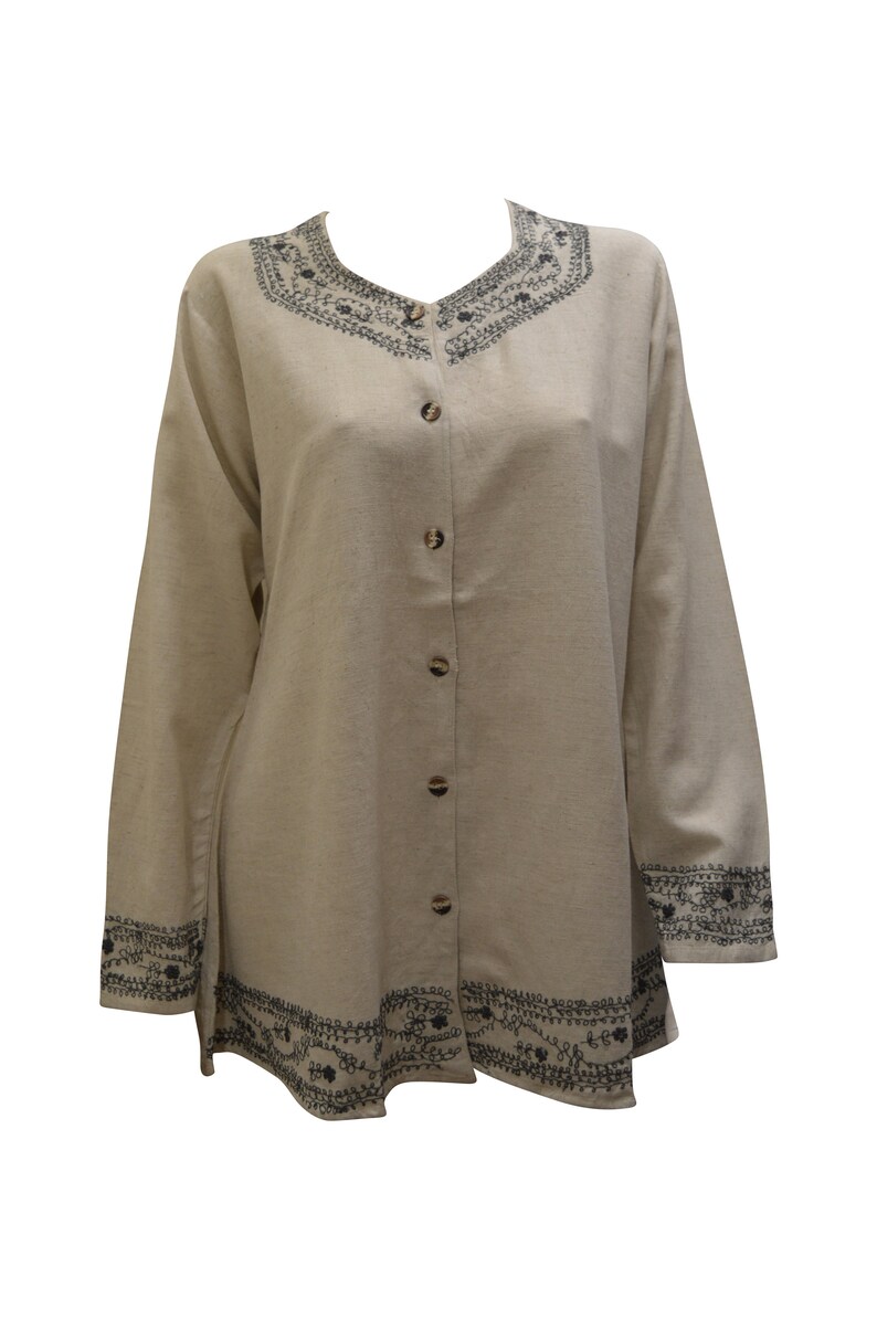 Womens boho hippie ethnic linen style cotton top long sleeve button up blouse shirt free size up to size 12