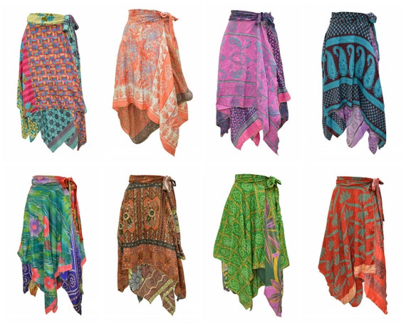 Upcycled Wrap- around Skirt Reversible Vintage Patchwork handkerchief Hem Boho Midi Free Size up to size 18 P344- P351
