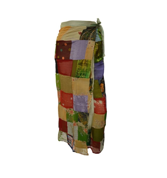 Boho hippie vintage style up-cycled reversible abstract patchwork maxi wrap skirt free size up to size 18 p271