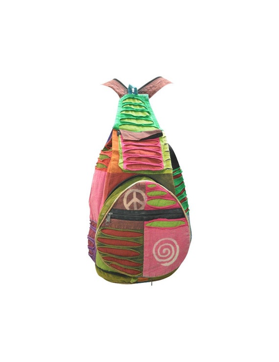 100% Cotton Recycled Hippie Patchwork Rucksack 2in1 Boho Pouch Peace Print Front Zip Pocket Shoulder bag P5
