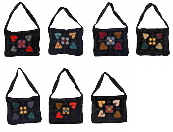 Handmade boho hippie recycled velvet across body shoulder bag embroidered satchel large