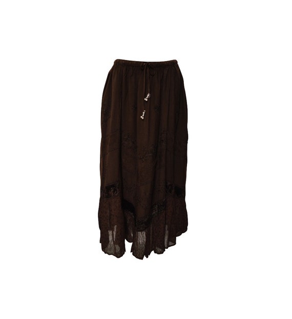 Womens Ladies Boho Gypsy Floral Tone To Tone Embroidered Velvet Patchwork Frilled Hem Handkerchief Maxi Skirt Freesize Up To 18