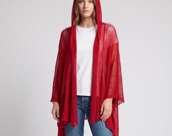 Womens Knit Shrug Boho Crochet Hood Cardigan Long Cover up Top Free Size 14-20