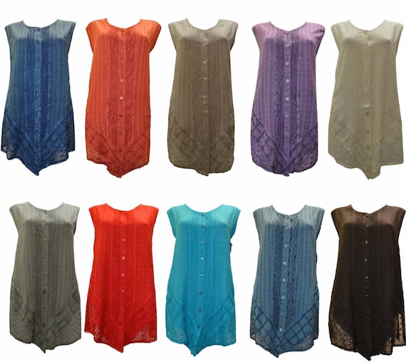 Plus Size round neck embroidered sleeveless front buttoned floral tunic top Free size 20 - 26